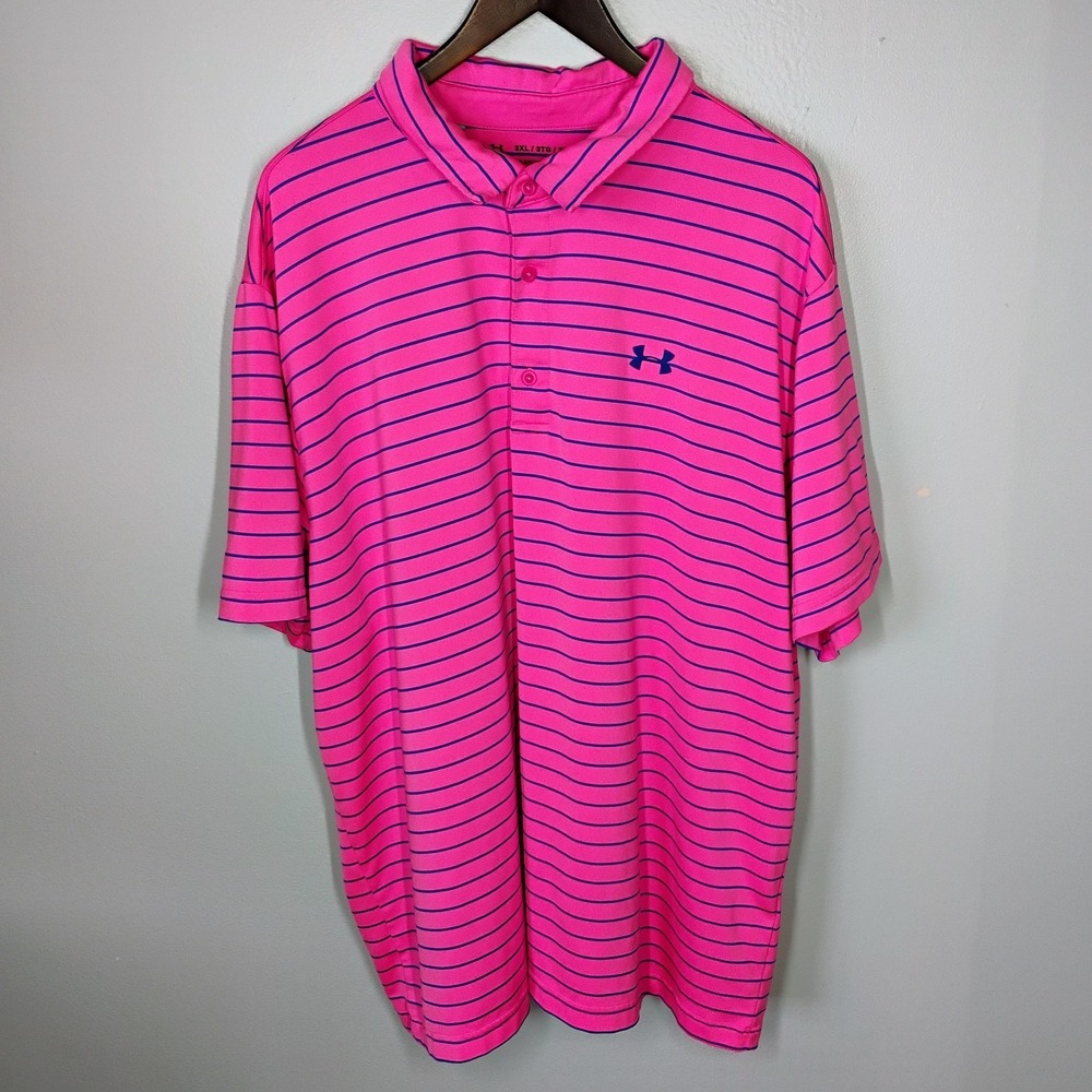 Under Armour The Playoff Polo Shirt Men's 3XL Bright Pink Blue Stripes Golf